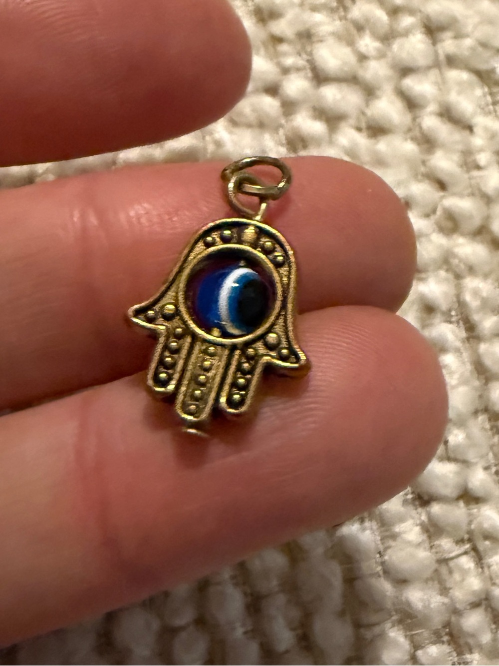 Vintage Hamsa Hand Gold-Tone Pendant charm with movable Blue Glass evil Eye